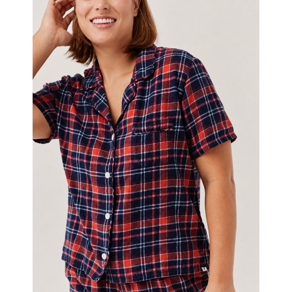 Pact Organic Cotton Flannel‎ Plaid Pajama Top Navy Orange Pink XL Short Sleeve